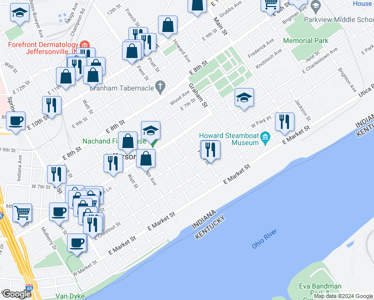 map of restaurants, bars, coffee shops, grocery stores, and more near 814 East Court Avenue in Jeffersonville