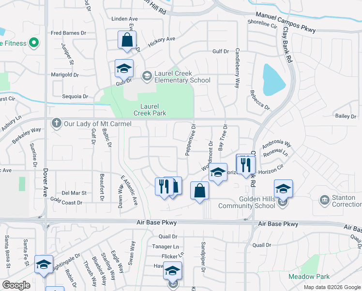 map of restaurants, bars, coffee shops, grocery stores, and more near 2751 Peppertree Drive in Fairfield