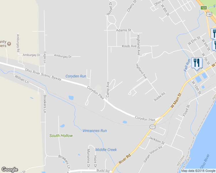 map of restaurants, bars, coffee shops, grocery stores, and more near 181 Shady Drive in New Albany