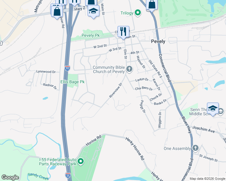 map of restaurants, bars, coffee shops, grocery stores, and more near 649 Riverview Drive in Pevely