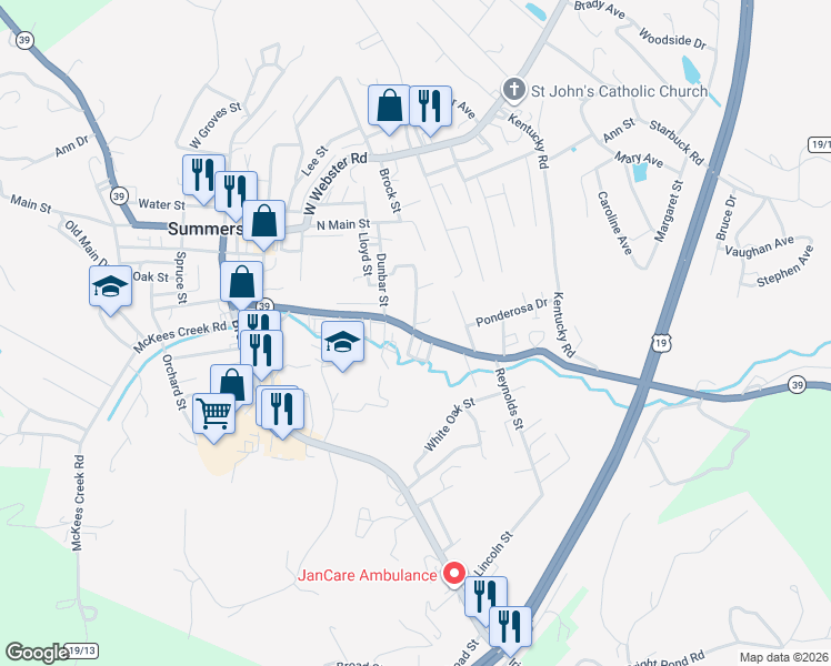 map of restaurants, bars, coffee shops, grocery stores, and more near 1009-1011 Arbuckle Rd in Summersville