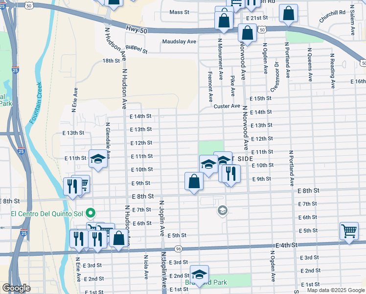 map of restaurants, bars, coffee shops, grocery stores, and more near 1210 East 12th Street in Pueblo