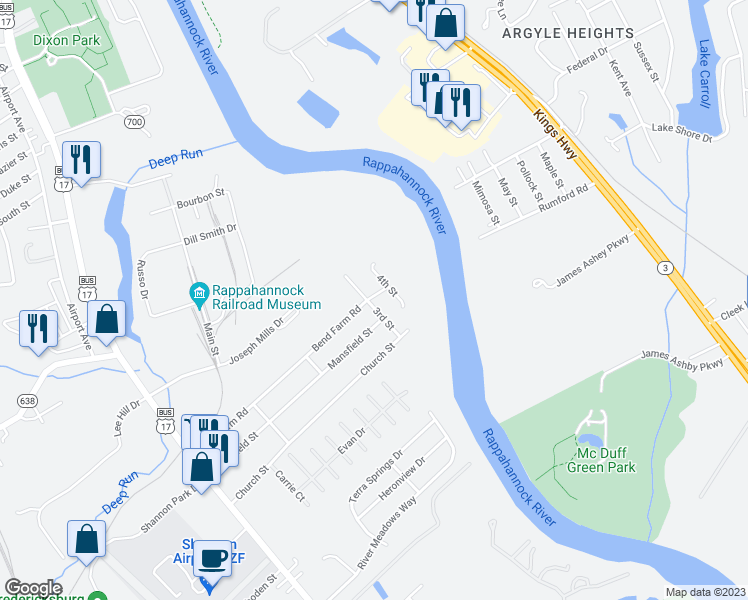 map of restaurants, bars, coffee shops, grocery stores, and more near 319 3rd Street in Fredericksburg
