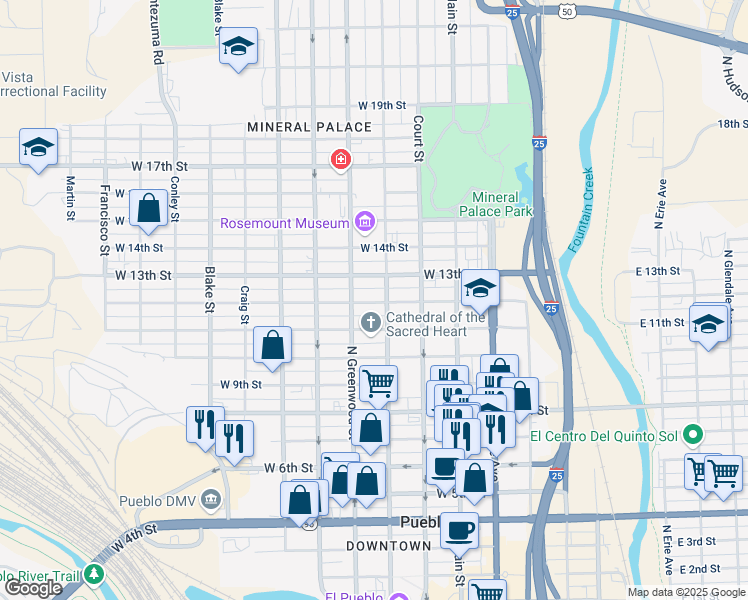 map of restaurants, bars, coffee shops, grocery stores, and more near 411 1/2 West 12th Street in Pueblo