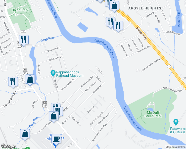 map of restaurants, bars, coffee shops, grocery stores, and more near 320 3rd Street in Fredericksburg