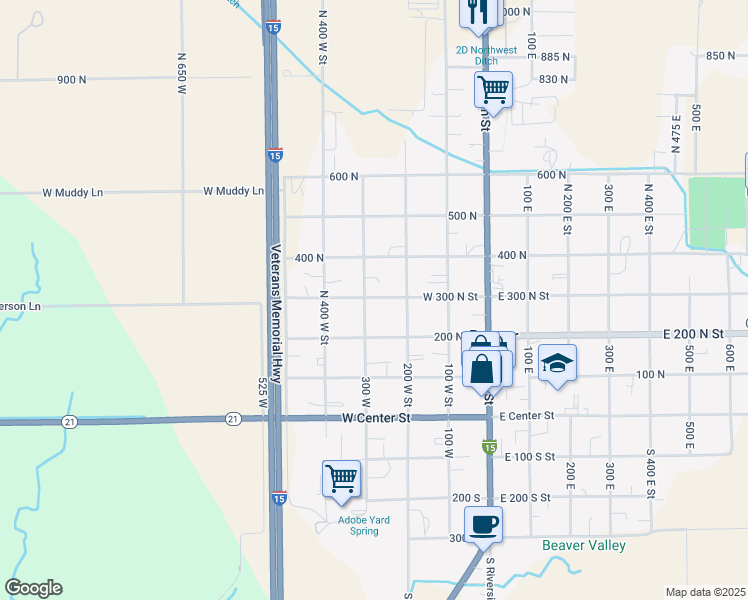map of restaurants, bars, coffee shops, grocery stores, and more near 290 North 300 West Street in Beaver