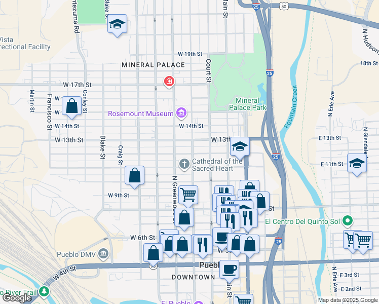 map of restaurants, bars, coffee shops, grocery stores, and more near 326 West 13th Street in Pueblo