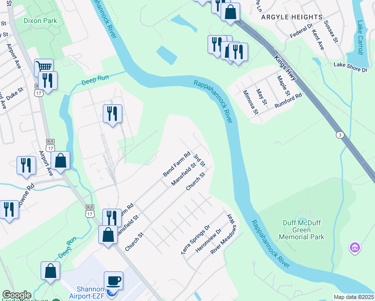 map of restaurants, bars, coffee shops, grocery stores, and more near 320 3rd Street in Fredericksburg