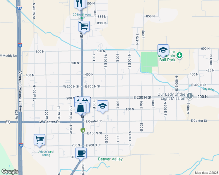 map of restaurants, bars, coffee shops, grocery stores, and more near 290 North 200 East Street in Beaver