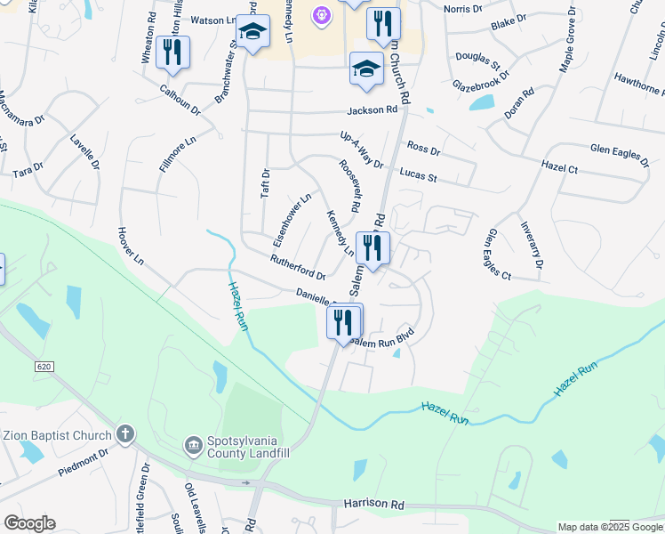 map of restaurants, bars, coffee shops, grocery stores, and more near 11607 Rutherford Drive in Fredericksburg