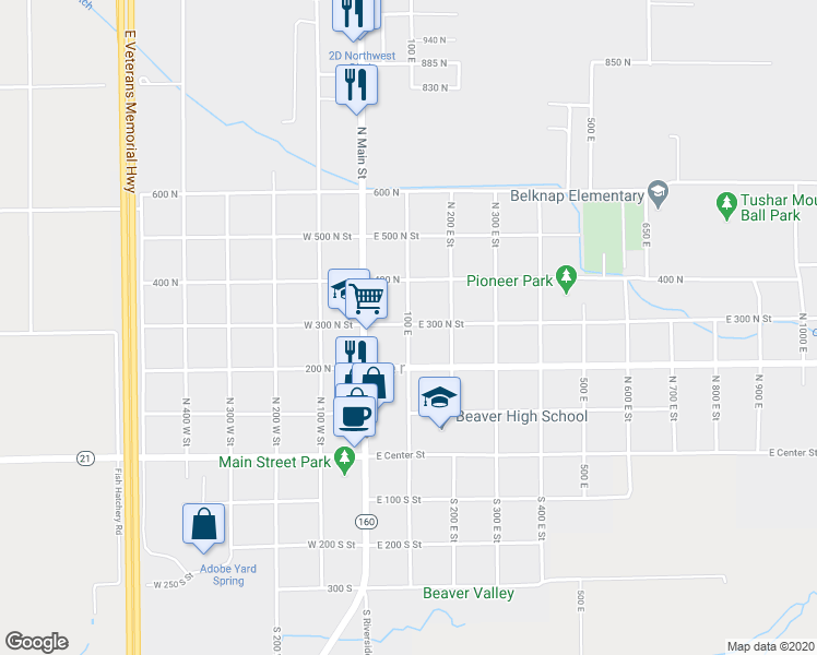 map of restaurants, bars, coffee shops, grocery stores, and more near 290 North 100 East Street in Beaver