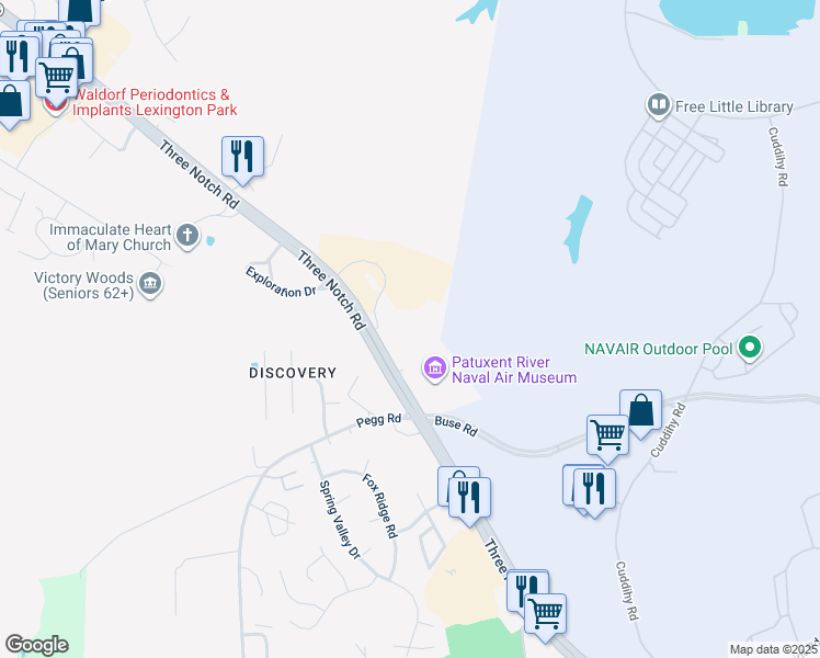 map of restaurants, bars, coffee shops, grocery stores, and more near 46565 Expedition Drive in Lexington Park