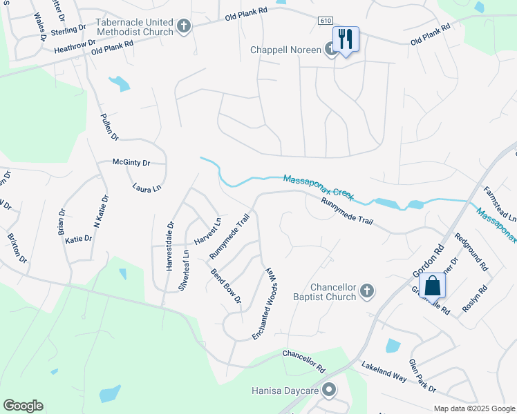 map of restaurants, bars, coffee shops, grocery stores, and more near 11629 Enchanted Woods Way in Fredericksburg