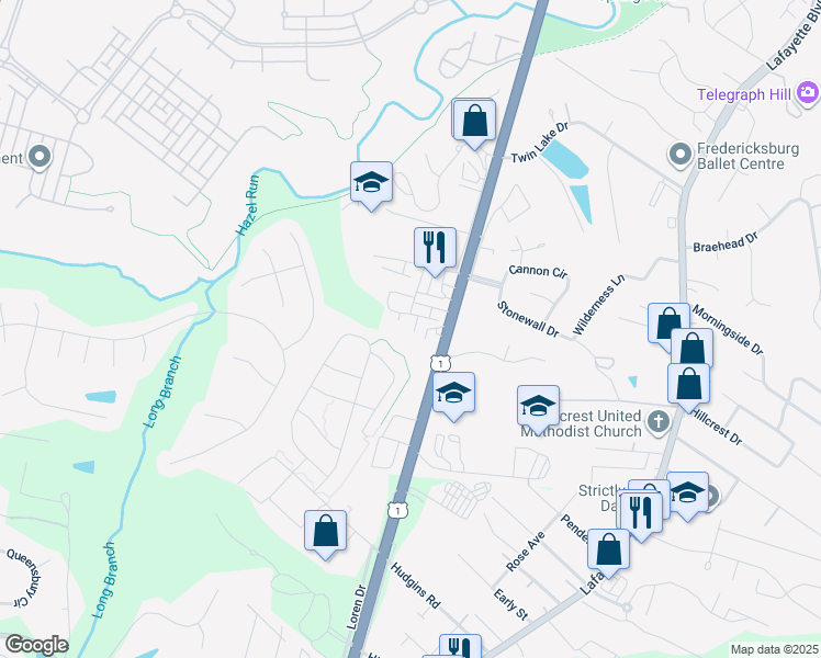 map of restaurants, bars, coffee shops, grocery stores, and more near 2511 Terra Cotta Lane in Fredericksburg