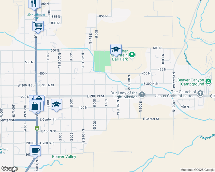 map of restaurants, bars, coffee shops, grocery stores, and more near 290 North 600 East Street in Beaver