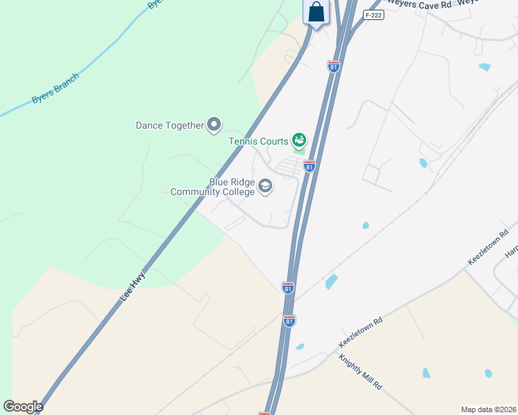 map of restaurants, bars, coffee shops, grocery stores, and more near 1 College Lane in Weyers Cave