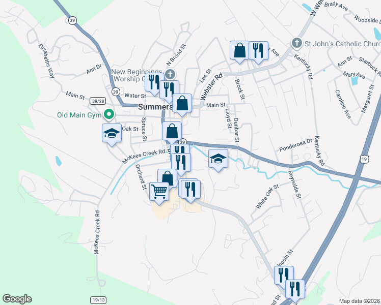 map of restaurants, bars, coffee shops, grocery stores, and more near 706 Arbuckle Road in Summersville