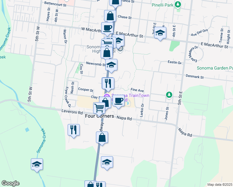 map of restaurants, bars, coffee shops, grocery stores, and more near 1250 Broadway in Sonoma