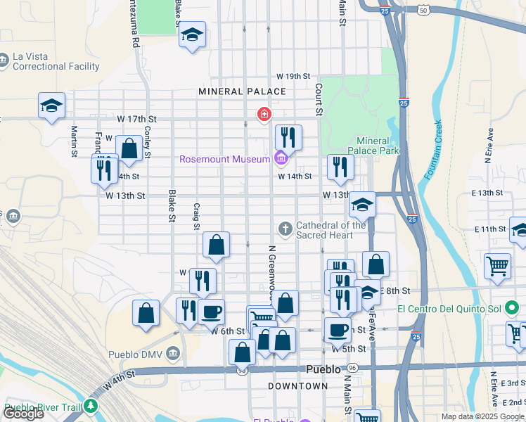 map of restaurants, bars, coffee shops, grocery stores, and more near 1212B North Elizabeth Street in Pueblo