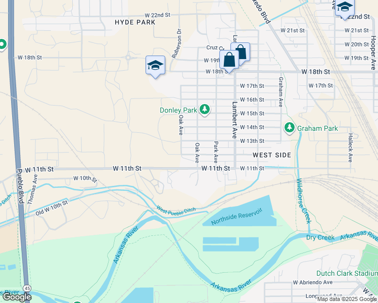 map of restaurants, bars, coffee shops, grocery stores, and more near 2407 West 12th Street in Pueblo