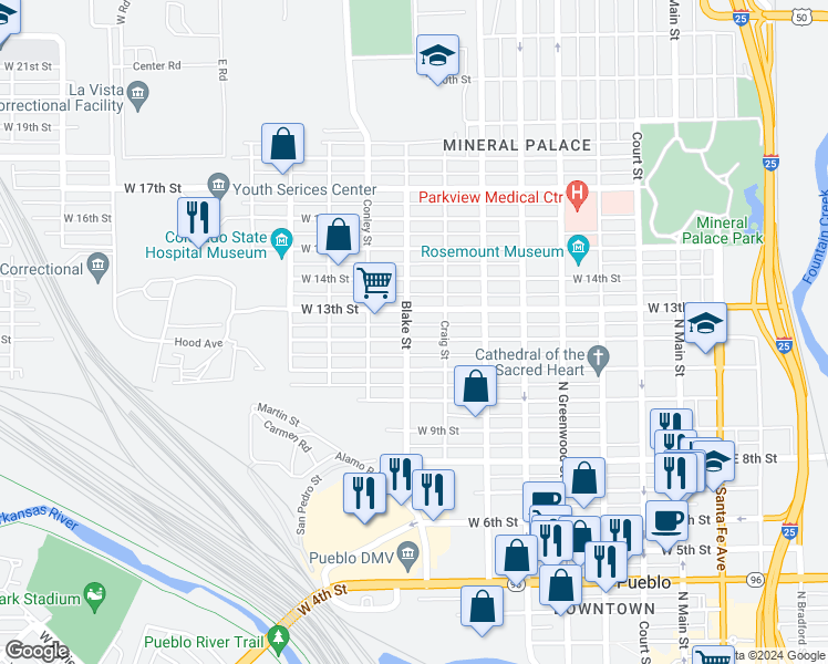 map of restaurants, bars, coffee shops, grocery stores, and more near 825 West 12th Street in Pueblo