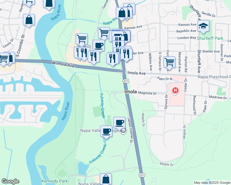 map of restaurants, bars, coffee shops, grocery stores, and more near 100 Magnolia Drive in Napa