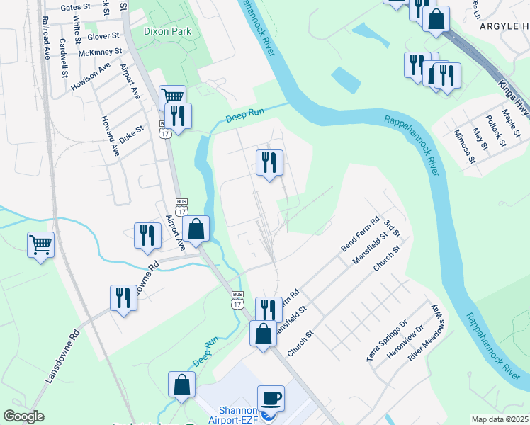 map of restaurants, bars, coffee shops, grocery stores, and more near 11740 Main Street in Fredericksburg
