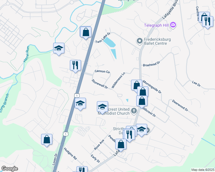 map of restaurants, bars, coffee shops, grocery stores, and more near 209 Stonewall Drive in Fredericksburg