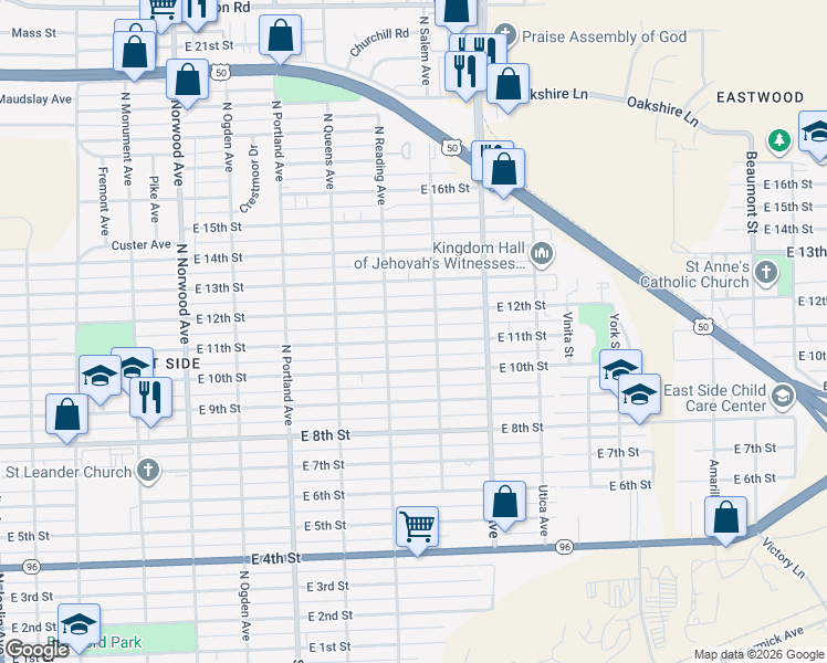 map of restaurants, bars, coffee shops, grocery stores, and more near 1938 East 12th Street in Pueblo