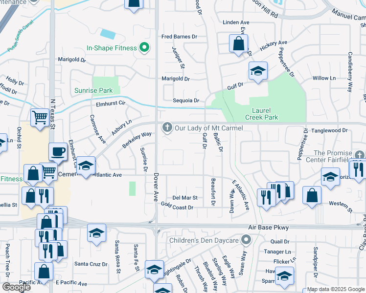 map of restaurants, bars, coffee shops, grocery stores, and more near 741 Capricorn Circle in Fairfield