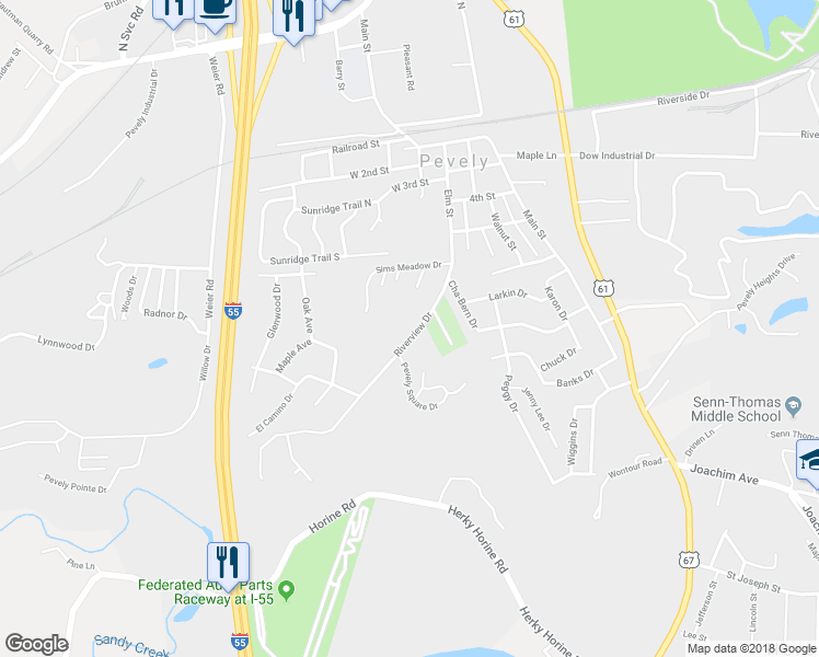 map of restaurants, bars, coffee shops, grocery stores, and more near 649 Riverview Drive in Pevely