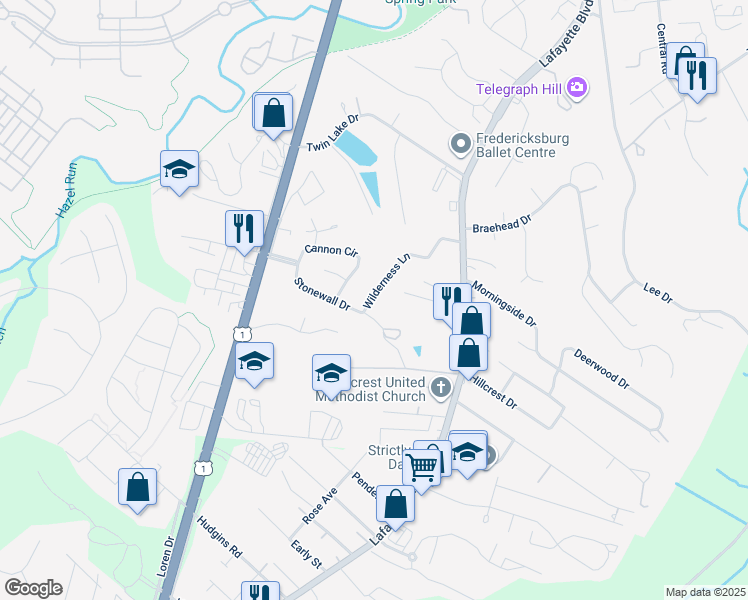 map of restaurants, bars, coffee shops, grocery stores, and more near 210 Stonewall Drive in Fredericksburg