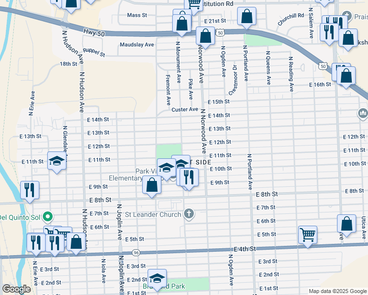 map of restaurants, bars, coffee shops, grocery stores, and more near 1422 East 12th Street in Pueblo