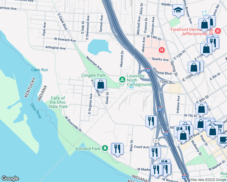 map of restaurants, bars, coffee shops, grocery stores, and more near 330-362 E Montgomery Ave in Clarksville