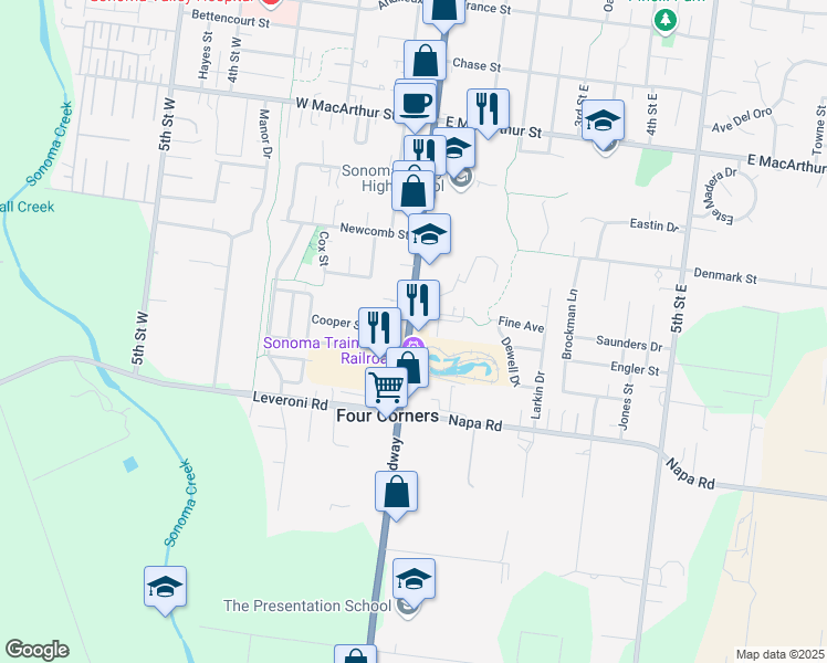 map of restaurants, bars, coffee shops, grocery stores, and more near 1247 California 12 in Sonoma