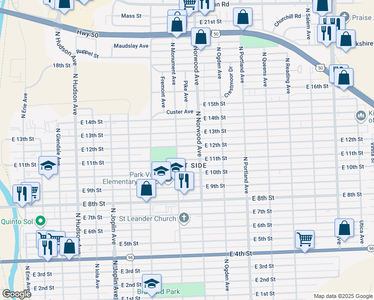 map of restaurants, bars, coffee shops, grocery stores, and more near 1422 E 12th St in Pueblo