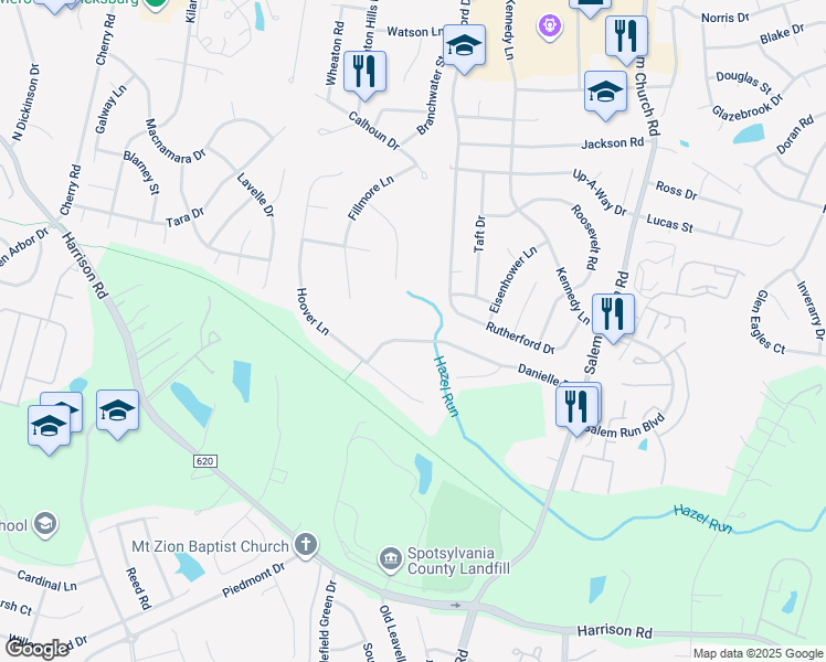 map of restaurants, bars, coffee shops, grocery stores, and more near 5921 Danielle Drive in Fredericksburg