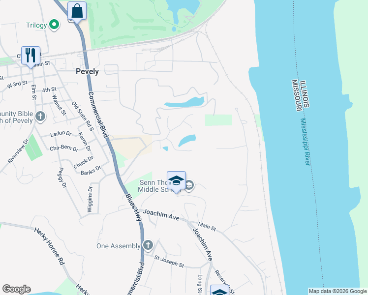 map of restaurants, bars, coffee shops, grocery stores, and more near 934 Foster Court in Pevely