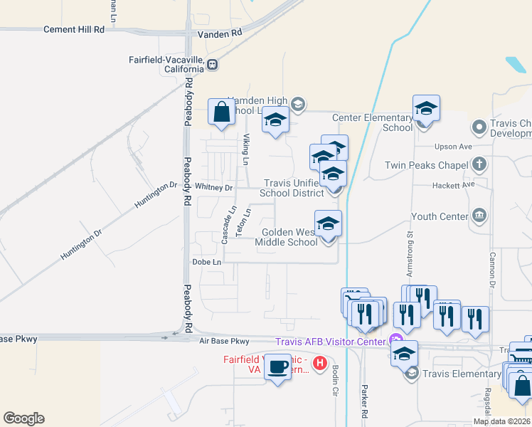 map of restaurants, bars, coffee shops, grocery stores, and more near 2956 Gammon Court in Fairfield