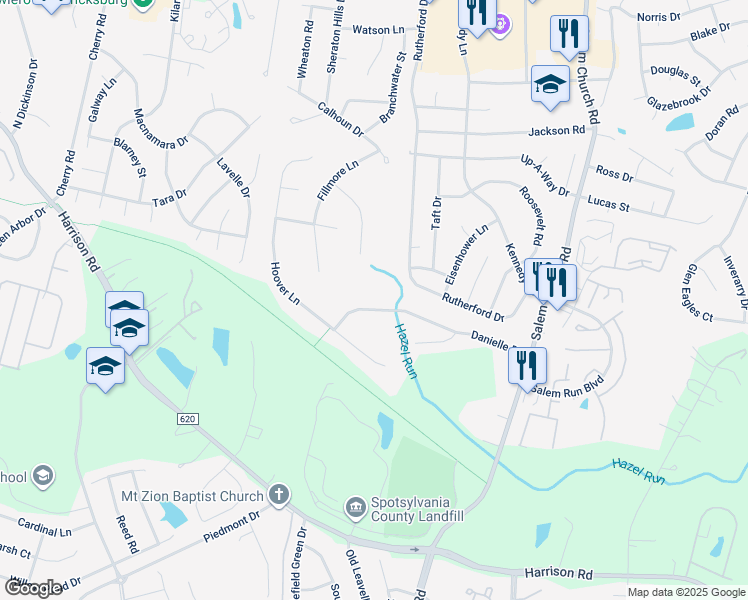 map of restaurants, bars, coffee shops, grocery stores, and more near 5921 Danielle Drive in Fredericksburg