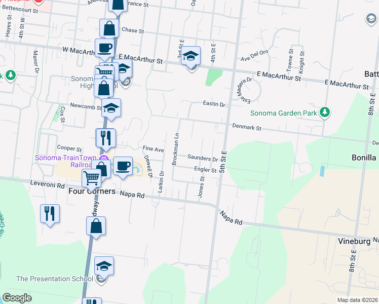 map of restaurants, bars, coffee shops, grocery stores, and more near 372 Saunders Drive in Sonoma