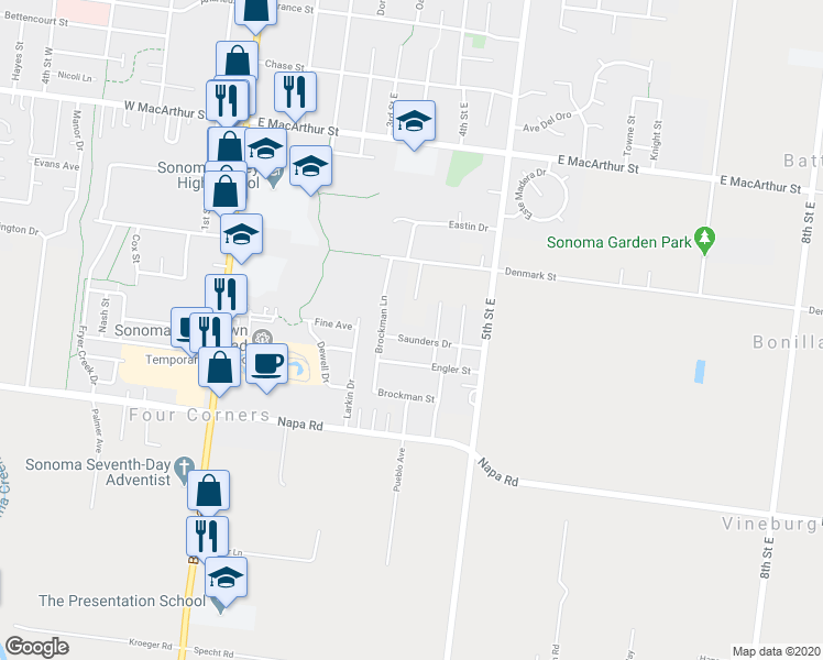 map of restaurants, bars, coffee shops, grocery stores, and more near 372 Saunders Drive in Sonoma