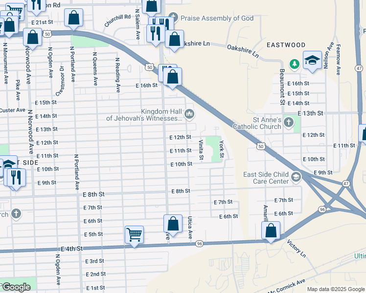 map of restaurants, bars, coffee shops, grocery stores, and more near 1102 Utica Avenue in Pueblo