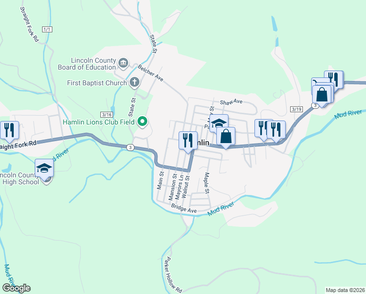 map of restaurants, bars, coffee shops, grocery stores, and more near 338 Mayors Lane in Hamlin