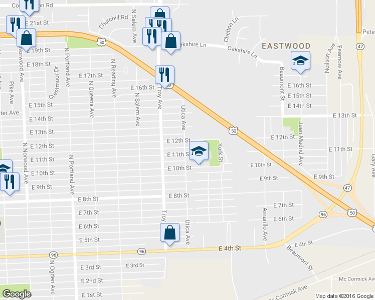 map of restaurants, bars, coffee shops, grocery stores, and more near 1102 Utica Avenue in Pueblo