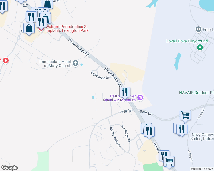 map of restaurants, bars, coffee shops, grocery stores, and more near 22289 Exploration Drive in Lexington Park