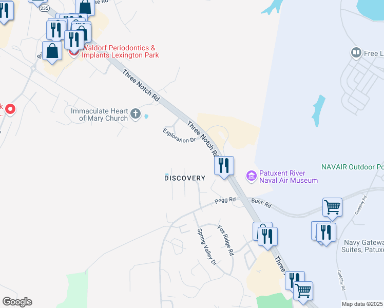 map of restaurants, bars, coffee shops, grocery stores, and more near 22289 Exploration Drive in Lexington Park
