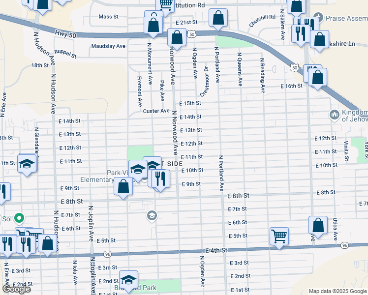 map of restaurants, bars, coffee shops, grocery stores, and more near 1514 East 12th Street in Pueblo
