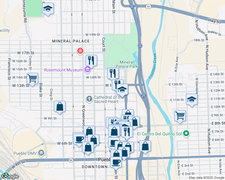 map of restaurants, bars, coffee shops, grocery stores, and more near 1212 North Main Street in Pueblo