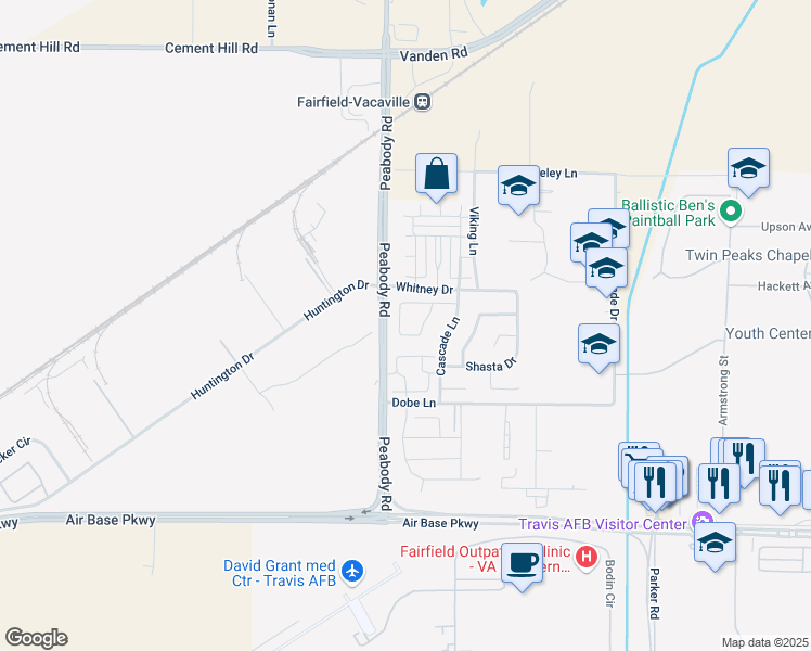 map of restaurants, bars, coffee shops, grocery stores, and more near 2917 Cascade Circle in Fairfield